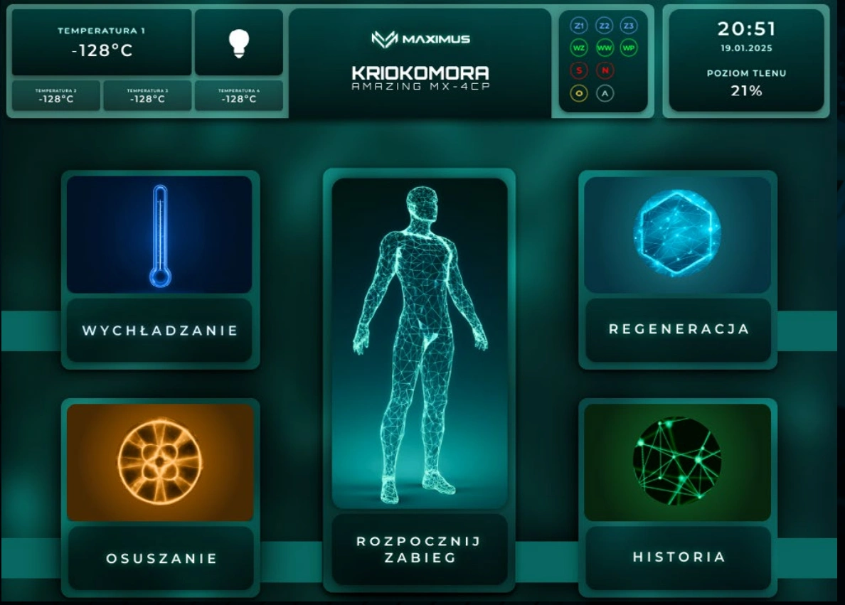 Intuicyjne menu kriokomory — ekran główny panelu sterowania