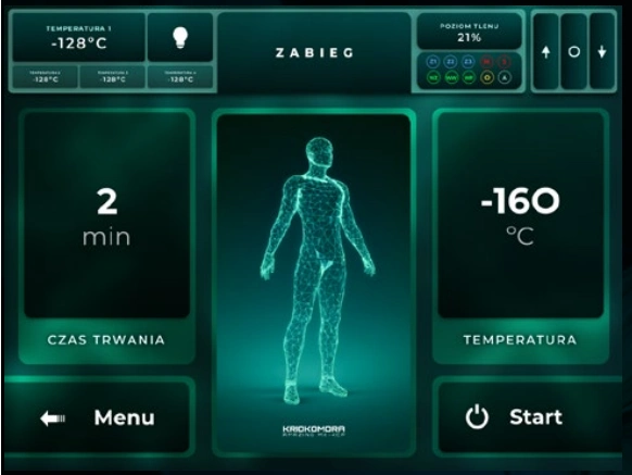 Tryb zabiegowy — panel sterowania kriokomory